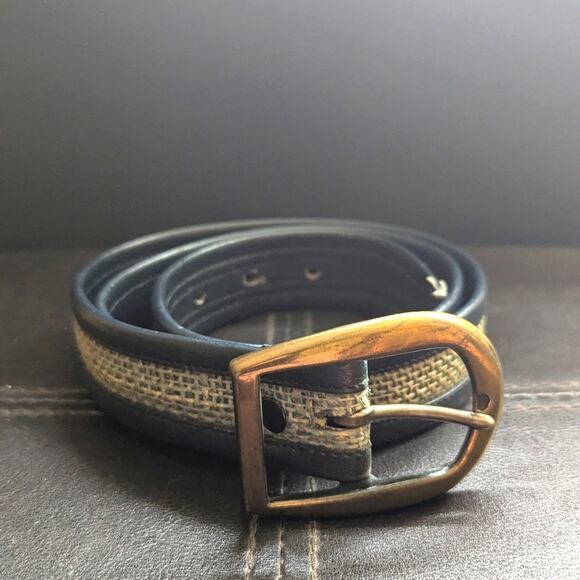 Vintage Estate Jute Woven Navy Quality Leather Gold Tone Buckle Belt - Picture 1 of 7